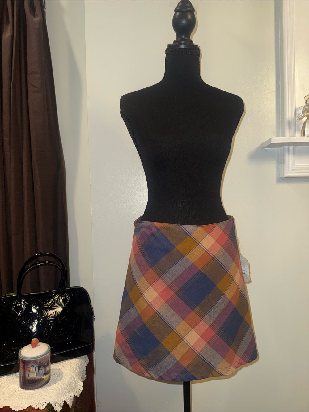 Altar'd State Plaid A-Line Mini Skirt in Navy, Mustard & Rust
